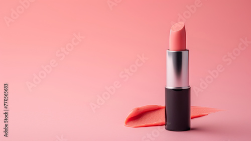 Elegant Silver Lipstick Container on Vibrant Pink Background with Deep Pink Shiny Lipstick. A mesmerizing image of vibrant green matcha powder spilled from a cup. photo
