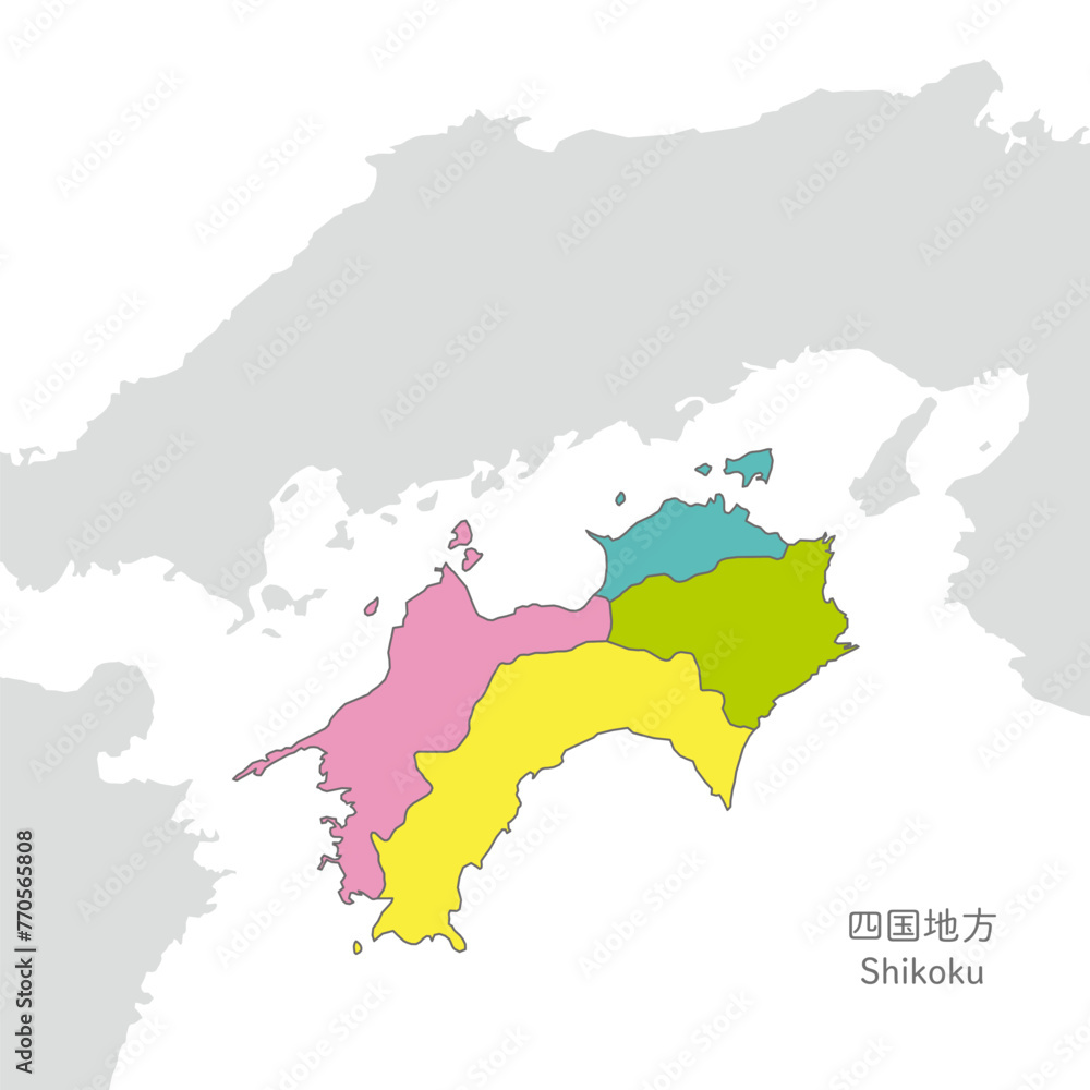 四国地方、四国地方の各県の地図、カラフルで明るい
