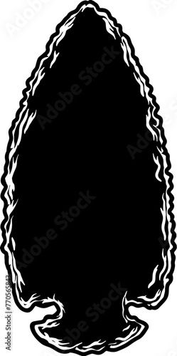 Illustration of stone arrowhead. Design element for poster, card, banner, logo, emblem. Vector illustration