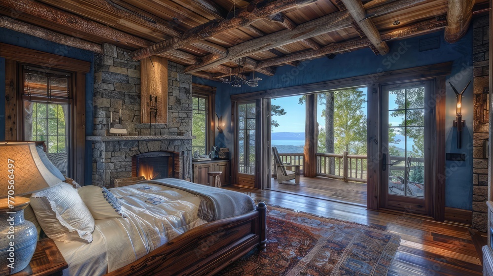 Blue bedroom with wood ceiling and fireplace interior.