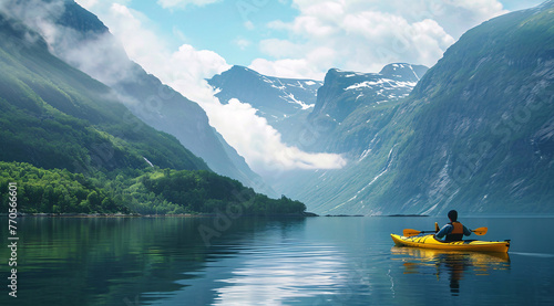 a man in a yellow kayak on water near mountains in the  c5fffe32-9eed-4762-ad06-09cc3bf15ac8 photo