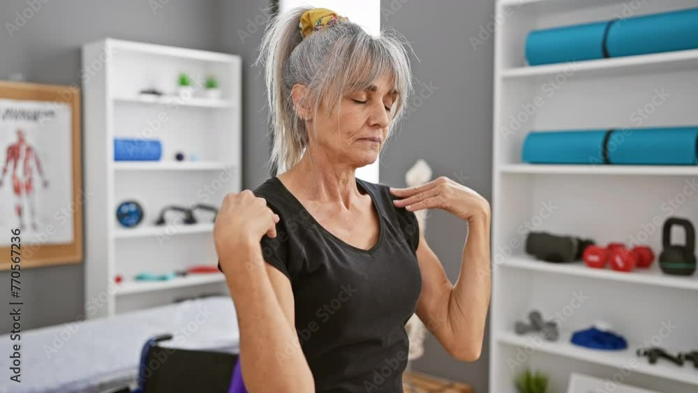 Mature hispanic woman with grey hair stretching in a physical therapy clinic room, conveying wellness and rehabilitation. Mature hispanic woman with grey hair stretching in a physical therapy clinic room, conveying wellness and rehabilitation.