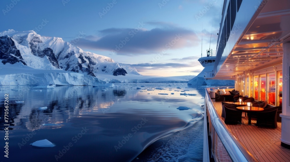 Cruise Ship Sailing Near Icebergs and Mountains
