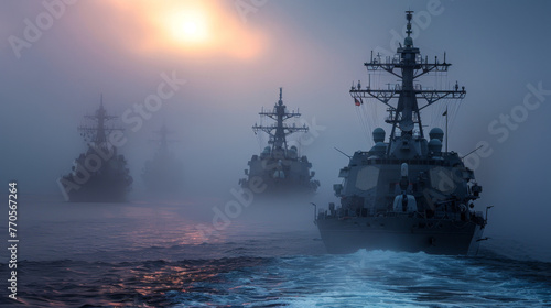 Combat landing ships are sailing at dawn