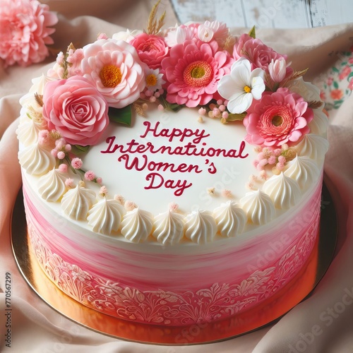 A beautifully decorated cake celebrates International Women's Day, with floral accents and a message. The cake sits on a rustic table with a soft backdrop. AI generation