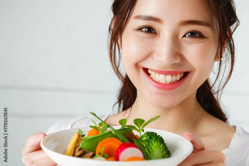 野菜を手に持つ笑顔の日本人女性(食育・野菜ソムリエ・収穫・ふるさと納税) 野菜を手に持つ笑顔の日本人女性(食育・野菜ソムリエ・収穫・ふるさと納税)