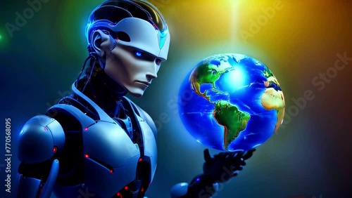 ai machine robot holding globe in his hand robot taking over the world from human concept photo