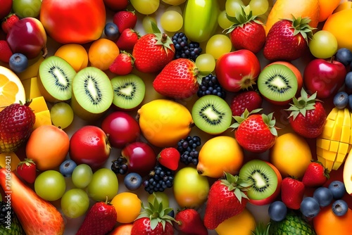 Fruit platter with fresh grapes  apple  pineapple  kiwi  mango  red ripe strawberry