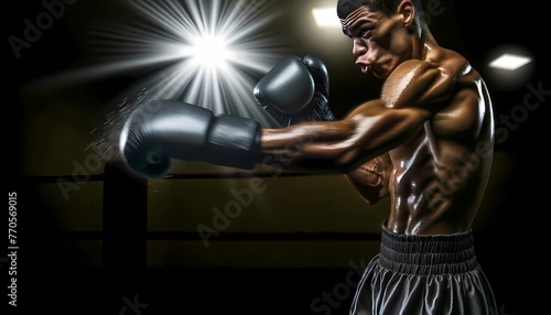 Boxer Delivering a Powerful Punch Concept of Strength, Determination, and Combat Sports © NanzXy