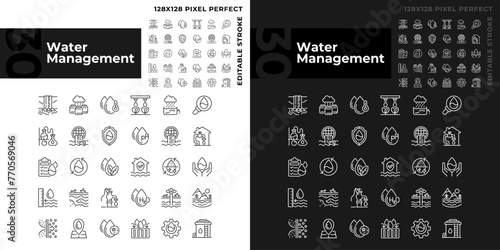 Water management linear icons set for dark, light mode. Water industry. Groundwater. Water conservation. Thin line symbols for night, day theme. Isolated illustrations. Editable stroke. Pixel perfect