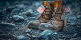 Old military combat boots with dog tags and two small American flags. Rocky gravel background with copy space. Memorial Day. .generative ai