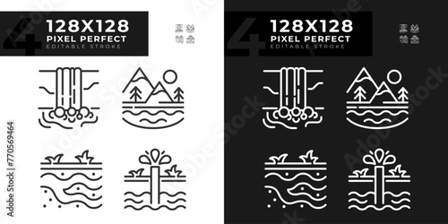 Natural water bodies linear icons set for dark, light mode. Natural resources. Scenic view. Groundwater. Thin line symbols for night, day theme. Isolated illustrations. Editable stroke. Pixel perfect