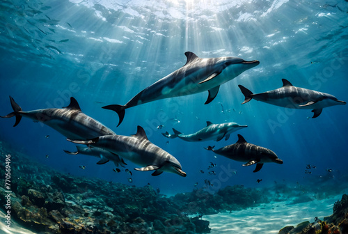 Dolphins swim under water. A school of dolphins swims through a group of divers. Marine life underwater in ocean. Observation animal world. Scuba diving adventure in Red sea, coast Africa