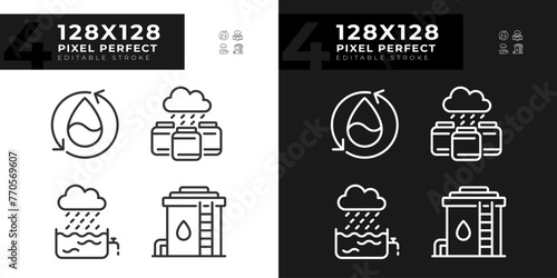 Water collection linear icons set for dark, light mode. Water conservation, reuse. Resource management. Thin line symbols for night, day theme. Isolated illustrations. Editable stroke. Pixel perfect