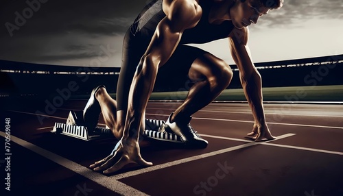 Track Runner at Starting Blocks Ready to Sprint Concept of New Beginnings, Ambition, and Competitive Edge photo