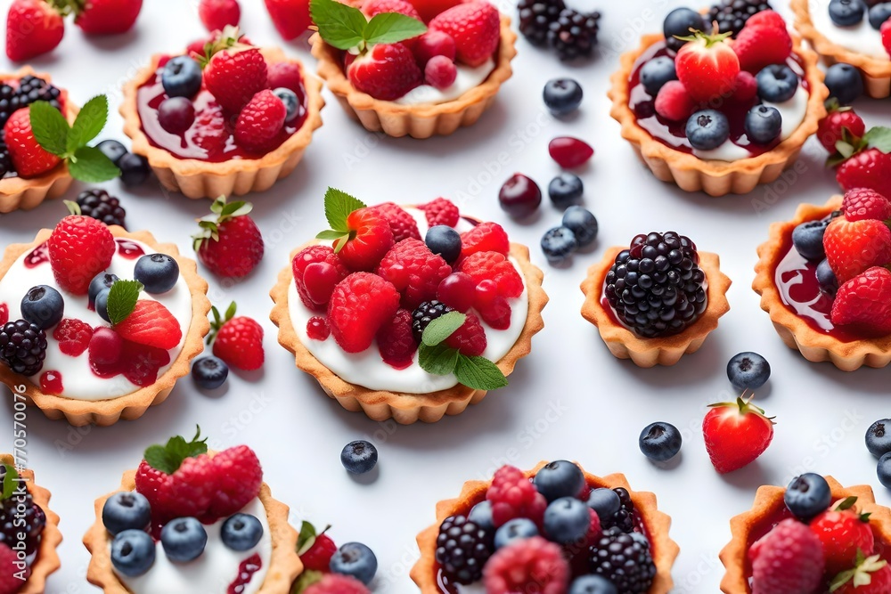 Set of tasty sweet tartlets with fresh berries on a white background Set of tasty sweet tartlets with fresh berries on a white background