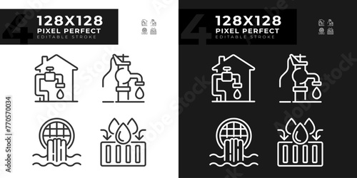 Water infrastructure linear icons set for dark, light mode. Manual well pump. Home water system. Thin line symbols for night, day theme. Isolated illustrations. Editable stroke. Pixel perfect