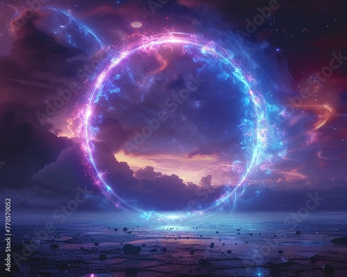Alien portal geometric neon rings gateway in space UFOs entering cosmic mystery vibe