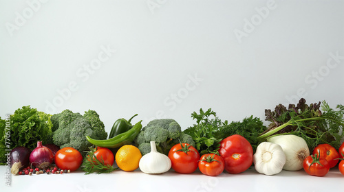 An eyecatching and colorful display of fresh vegetables on the right side, including tomatoes, garlic, broccoli, green peppers, lettuce, red onion and lemon