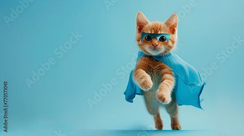 superhero cat, Cute orange tabby kitty with a blue cloak and mask jumping and flying on light blue background with copy space. The concept of a superhero, super cat, leader, funny animal studio shot © suldev