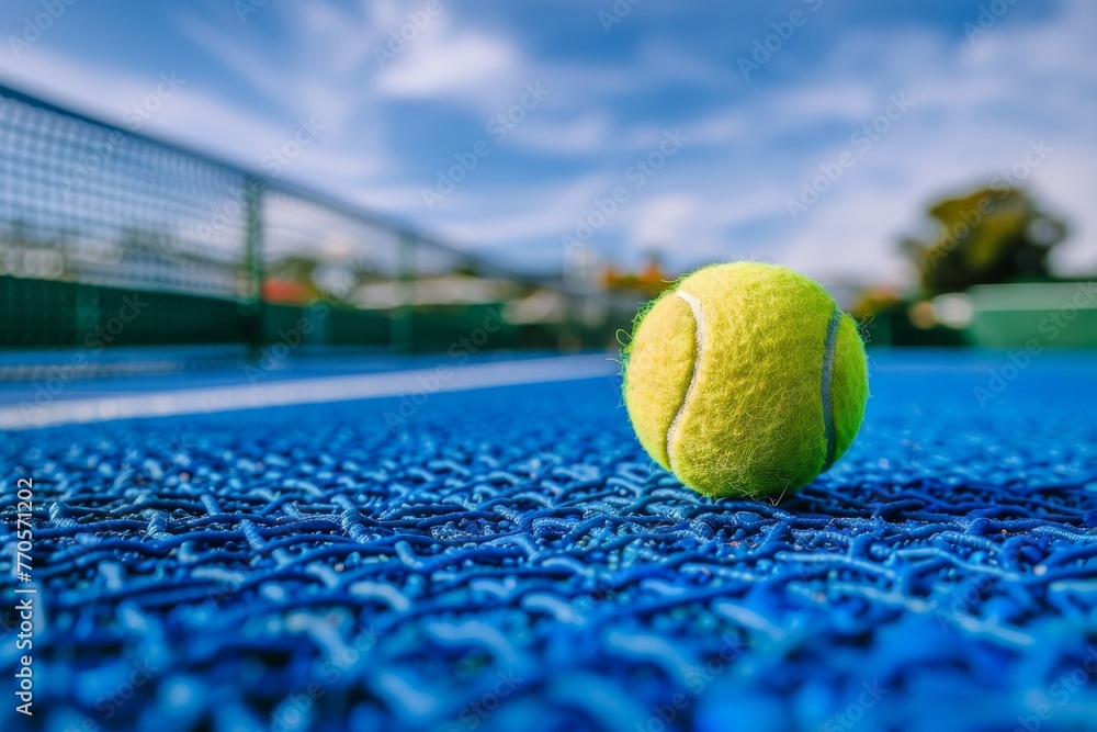 Close-up of a bright yellow tennis ball on a textured blue court with the net in the background, perfect for sports and active lifestyle themes.