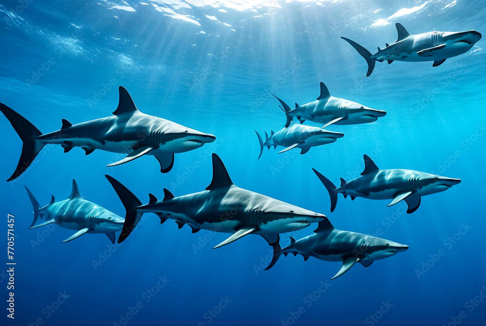 Great Hammerhead Shark. School of Hammerheads swimming in Red sea. Sharks in wild. Marine life underwater in blue ocean. Observation animal world. Scuba diving adventure in Red sea, coast Africa