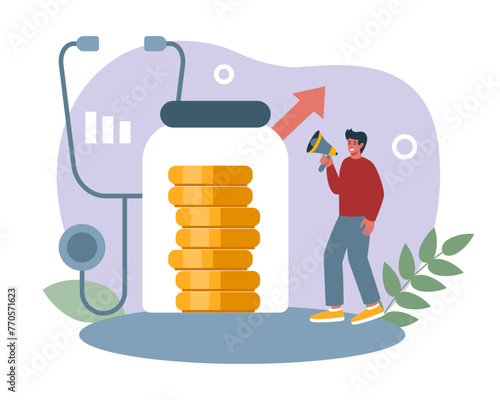 Money investment. Financial savings. Gold coins in glass jar. Medical insurance. Moneybox for health care. Prices growth arrow. Man with megaphone or stethoscope. Finance for treatment. Vector concept