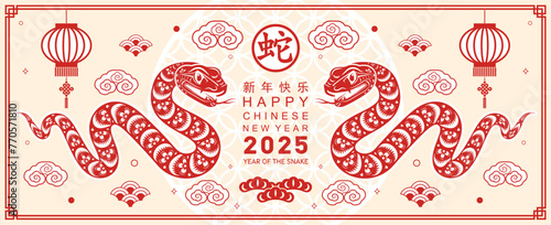 Happy chinese new year 2025 the snake zodiac sign with flower,lantern, red paper cut style on color background. ( Translation : happy new year 2025 year of the snake )