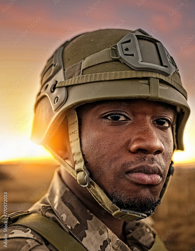 Guardian of Dusk: Soldier in Helmet Facing Camera Against Sunset Backdrop Guardian of Dusk: Soldier in Helmet Facing Camera Against Sunset Backdrop