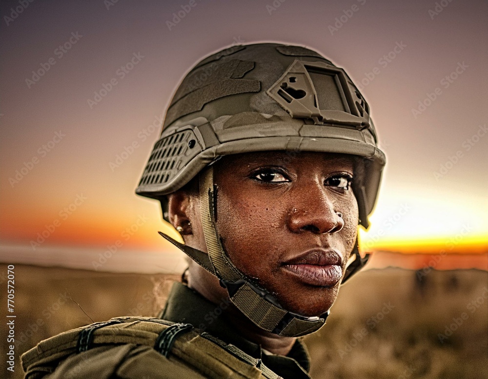 Guardian of Dusk: Soldier in Helmet Facing Camera Against Sunset Backdrop Guardian of Dusk: Soldier in Helmet Facing Camera Against Sunset Backdrop