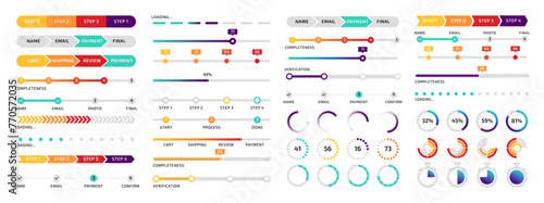 Infographic design. Circle and line processing charts. Sequence steps. Loading diagram with percent numbers. Business presentation. Statistic scheme. Vector progressive data indicator elements set