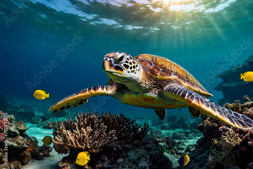 Big green sea turtle swimming among colorful coral reef in dark clear water. Marine life underwater in blue ocean. Observation animal world. Scuba diving adventure in Red sea, coast Africa