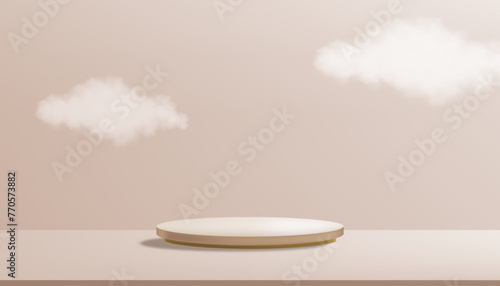 Beige Background,Studio room with podium display on table top,Empty Secene peach pastel wit cloud on wall backdrop.Vector illustration 3D minimal for product presentation