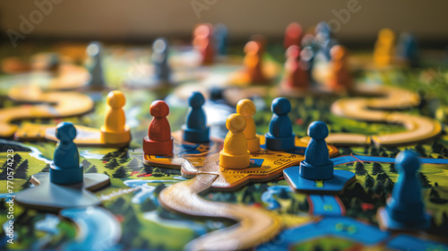 Strategic board game with wooden multi colored meeples on the table. Map with resources. Playing with friends, cozy evening leisure. Hobby for adults and families with children. Board game club photo