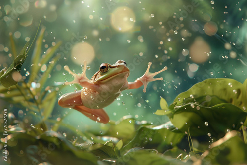 An image of a whimsical, anthropomorphic frog gracefully mid-leap, surrounded by lush greenery and vibrant flora, evoking an enchanting and magical ambiance.