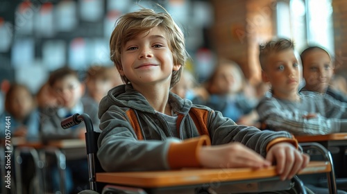 A happy handicapped child in a wheelchair in a school classroom among healthy children. An inclusive form of education