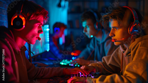 An intense gaming session in a dark room with colorful LED lights reflecting off faces.