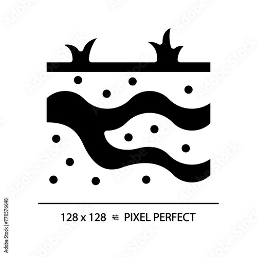 Groundwater black glyph icon. Subsurface water. Natural resource. Soil layers. Hydrology study. Silhouette symbol on white space. Solid pictogram. Vector isolated illustration. Pixel perfect