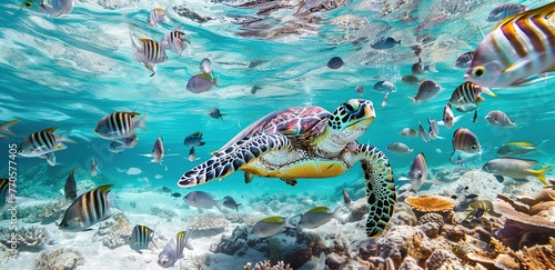 Graceful swimming of a sea turtle among a school of fish in the crystal clear waters of the ocean, illuminated by sunlight penetrating the surface
