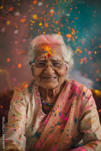 Portrait of a happy senior old lady celebrating Holi festival with bursts and splashes of vibrant, colorful Indian Holi powder. Active retirement.