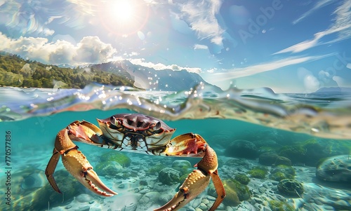 A majestic crab floating above crystal clear waters with a picturesque island in the background © Яна Деменишина
