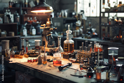 A scientific laboratory, capturing scientists conducting experiments amidst intricate instruments, test tubes, and scientific equipment.