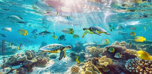 Graceful swimming of a sea turtle among a school of fish in the crystal clear waters of the ocean, illuminated by sunlight penetrating the surface photo