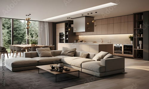 3d rendering luxury and modern living room with tv and dining area