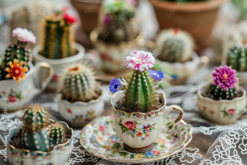 A Whimsical Display of Miniature Cacti in Colorful Adorned Teacups on a Vintage Lace Doily