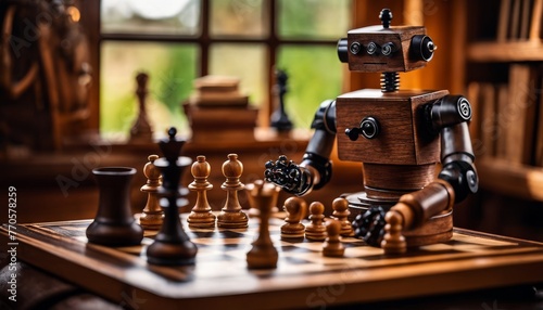 A whimsical wooden robot, styled with vintage aesthetics, engages in a strategic game of chess, illustrating concepts of artificial intelligence and leisure activities. photo