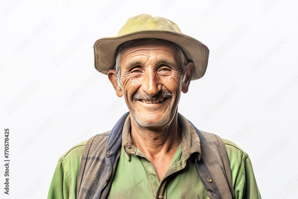 Fototapeta premium Successful smiling male farmer in work clothes, white background isolate.