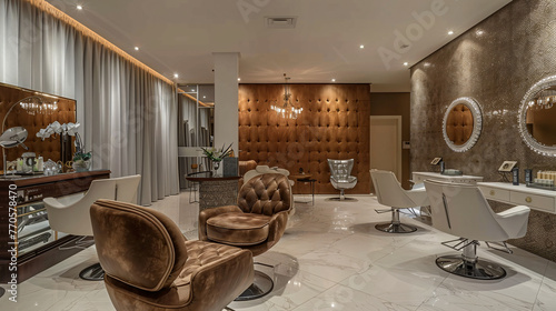 An upscale beauty salon with plush seating and elegant fixtures.