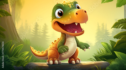 A Charming Cartoon dinosaur is laughing and Finding Joy Amidst the Lush Plant Life