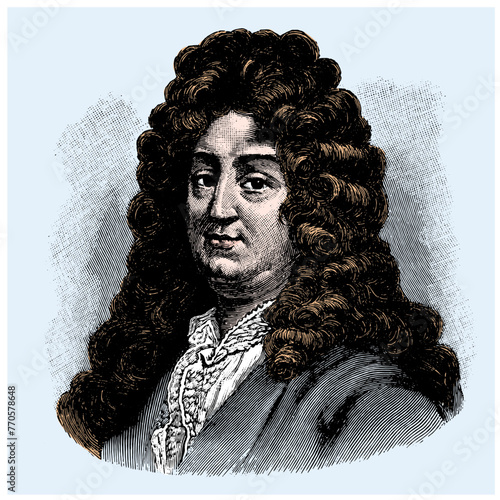 vector colored old engraving of famous French writer and dramatist Jean-Baptiste Racine, engraving is from 19th century photo